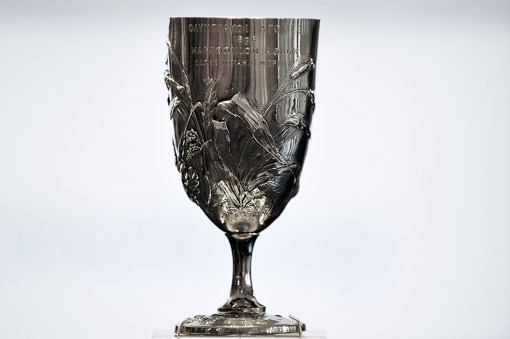 The silver cup, donated by the originator of the marathon, Michel Bréal, which Spyridon Louis earned as winner of the first Olympic marathon race in 1896 ©Getty Images
