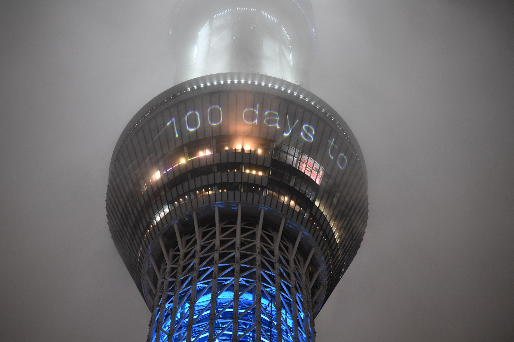 The 100 days countdown until the start of the Tokyo 2020 Olympic Games has been displayed on the illuminated Tokyo Skytree ©Getty Images