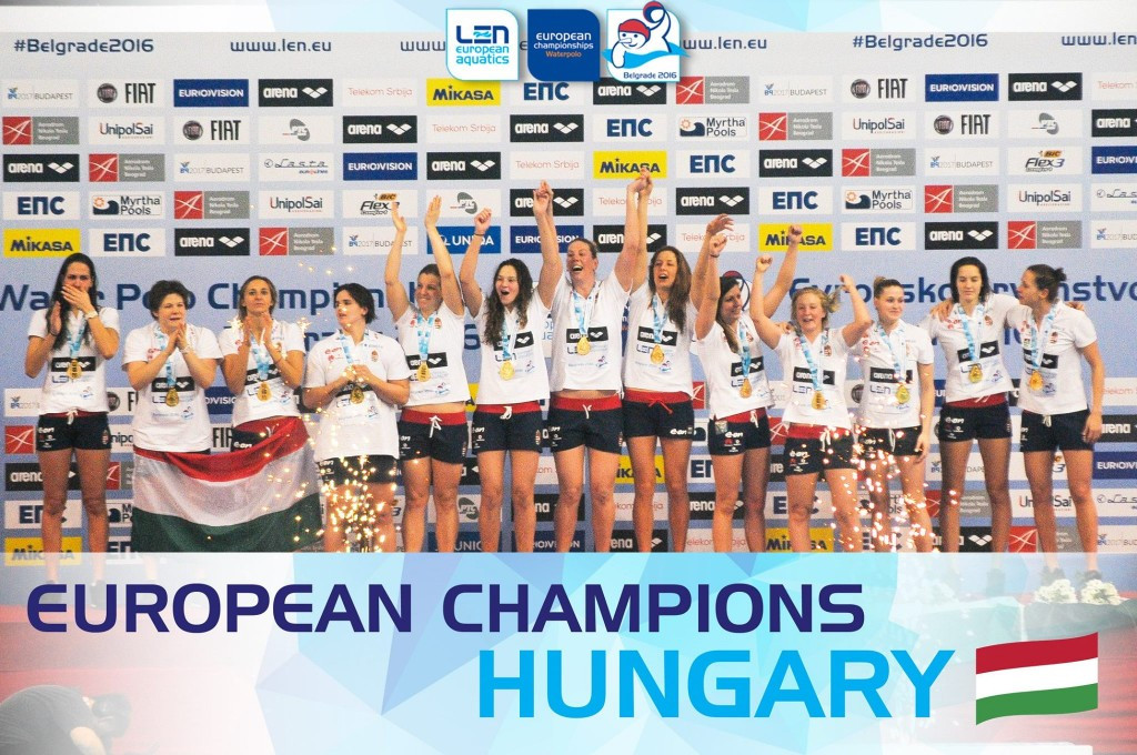 Hungary celebrate after being crowned winners of the women's European Water Polo Championships ©Belgrade 2016/Facebook