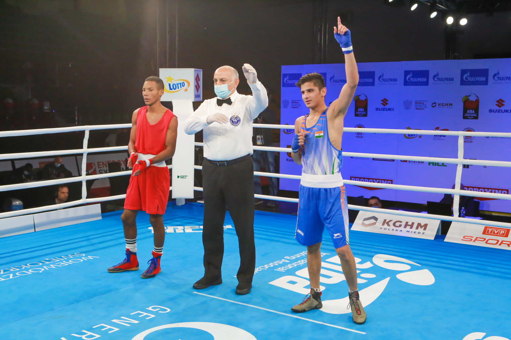 An Indian fighter raises his arm in celebration after winning his bout in Kielce ©AIBA