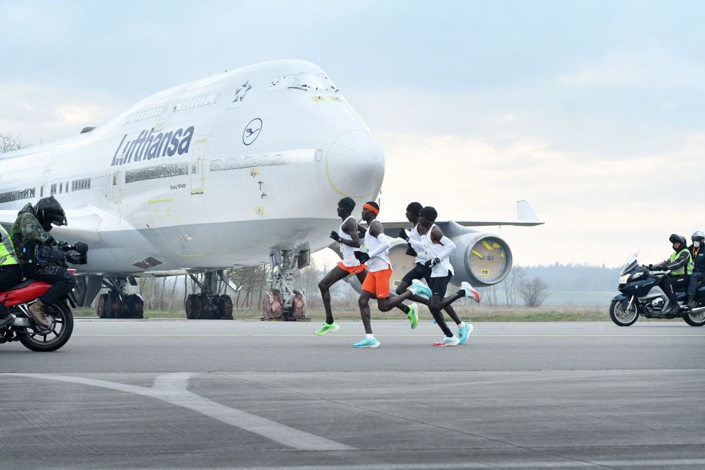 Eliud Kipchoge and Katharina Steinruck were the men's and women's winners of the NN Mission Marathon, switched at short notice from Hamburg to a closed course at Twente Airport in the Dutch city of Enschede ©Getty Images