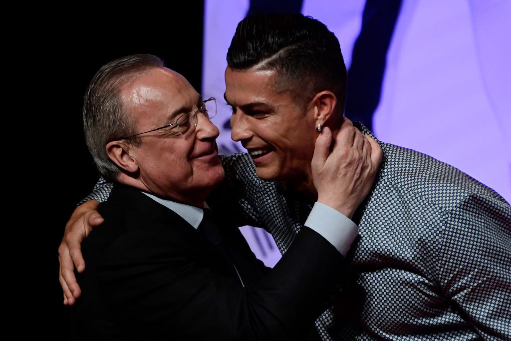 Real Madrid's President Florentino Perez, chairman of the proposed new European Super League, embraces his former player Cristiano Ronaldo at the 2019 Marca awards in Madrid ©Getty Images