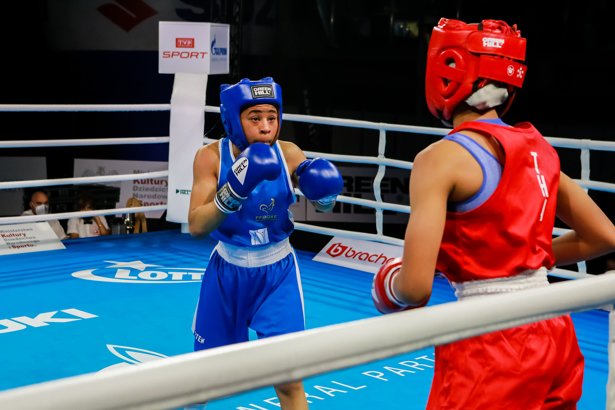 France's Sthelyne Grosy, in blue, reached the women's featherweight final in convincing fashion ©AIBA