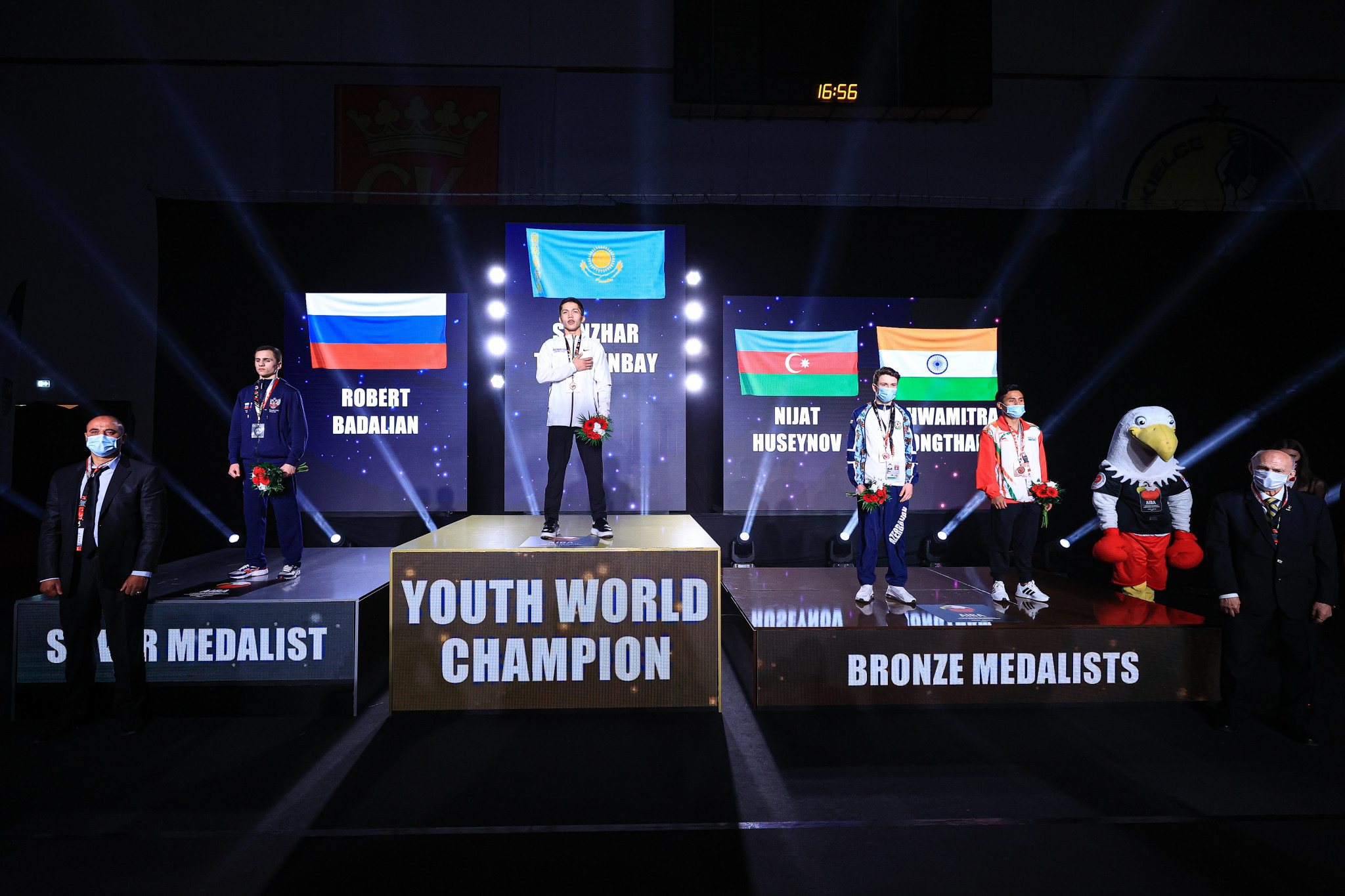 The podium for the day's first final in the light flyweight category ©AIBA