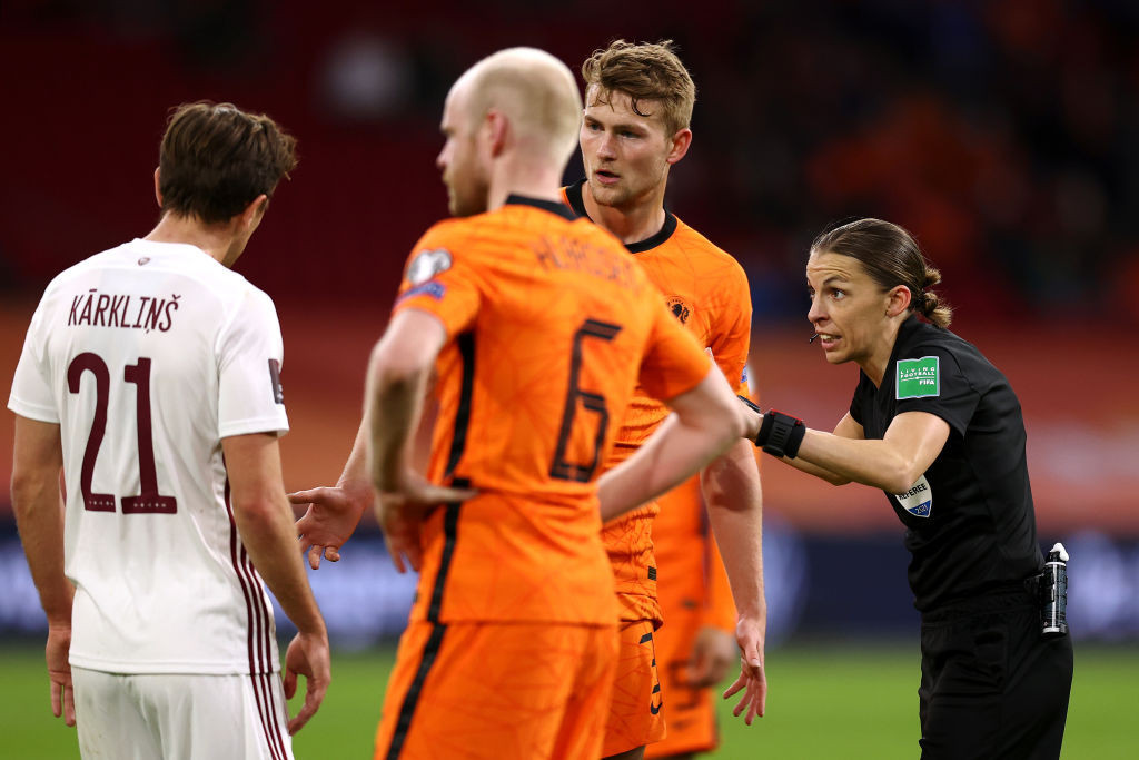 France’s Stéphanie Frappart became the first woman to officiate at a men’s World Cup qualifier as she took charge of the Netherlands’ 2-0 win over Latvia last month ©Getty Images