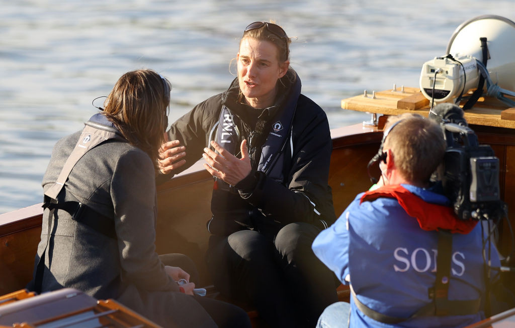 Sarah Winckless is interviewed for the BBC by her former team mate Katherine Grainger after becoming the first woman to umpire the men's Boat Race earlier this month ©Getty Images