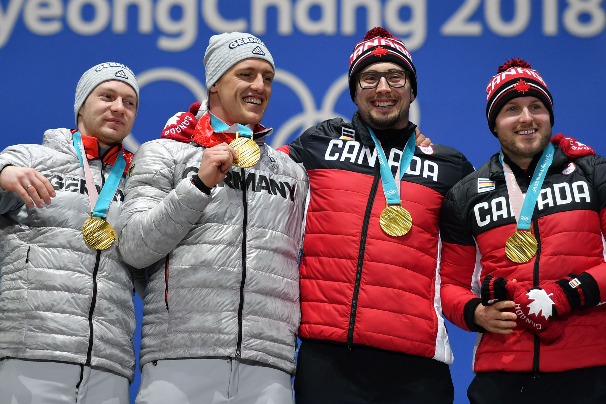Canadian pair Alexander Kopacz and Justin Kripps shared the gold medal with Francesco Friedrich and Thorsten Margis of Germany at Pyeongchang 2018 ©Getty Images 