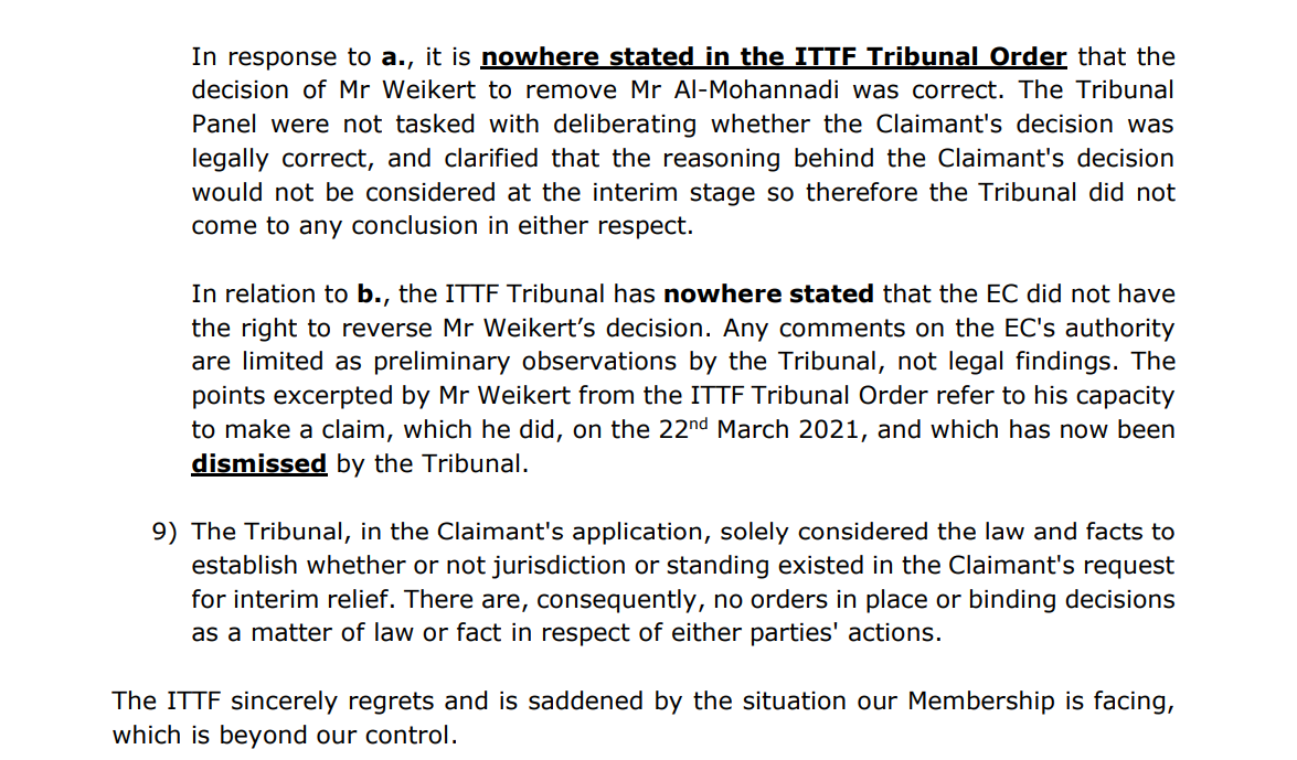 ITTF secretary general Raul Calin wrote to members seeking to clarify the Tribunal's interim order ©ITTF