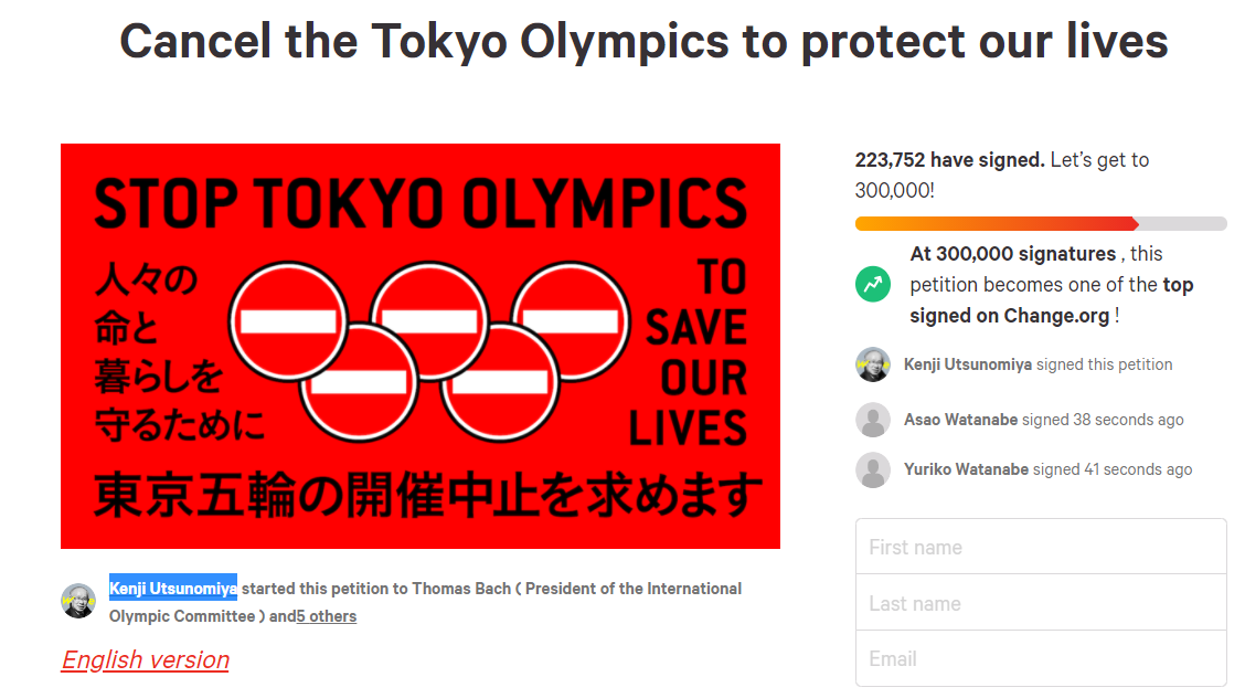 A petition calling for the cancellation of the Olympics has received over 200,000 signatures ©Change.org