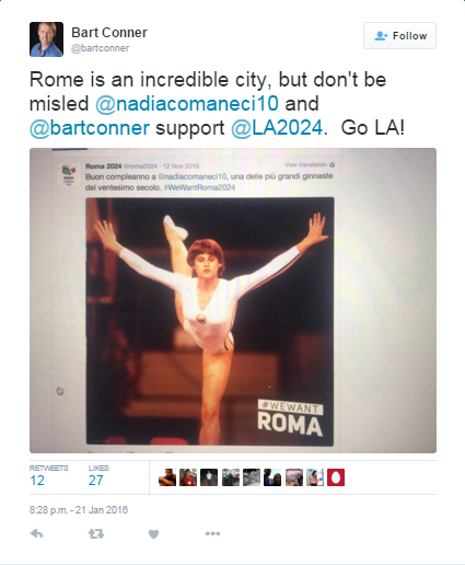 Rome 2024’s #WeWantRoma2024 Twitter campaign has been accused of being misleading by Bart Conner