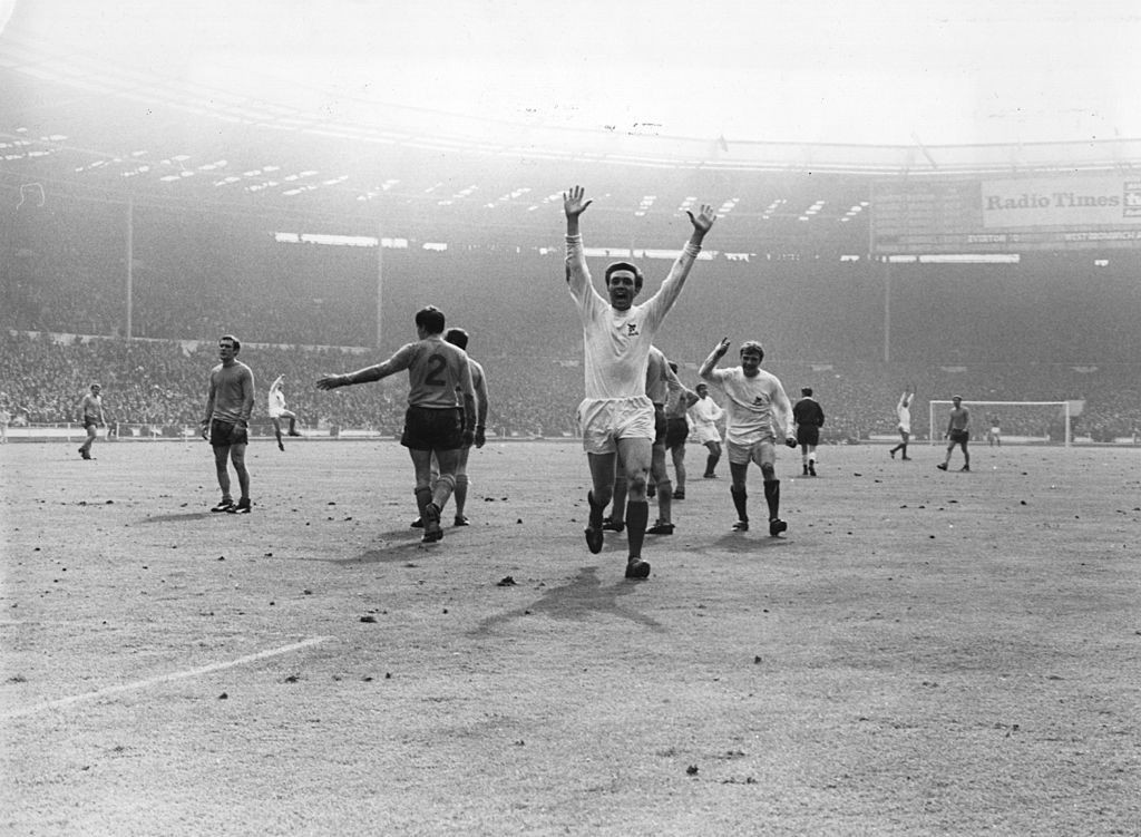 Jeff Astle, pictured after scoring the only goal for West Bromwich Albion in their 1968 FA Cup final against Everton, died as a result of repeated trauma due to heading footballs, according to a coroner ©Getty Images	