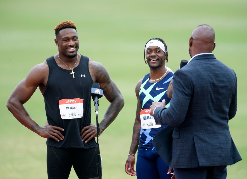DK Metcalf, left, wide receiver with NFL side Seattle Seahawks, pictured alongside winner Cravon Gillespie after running the 100 metres at yesterday's Golden Gala meeting in Walnut, California ©Getty Images