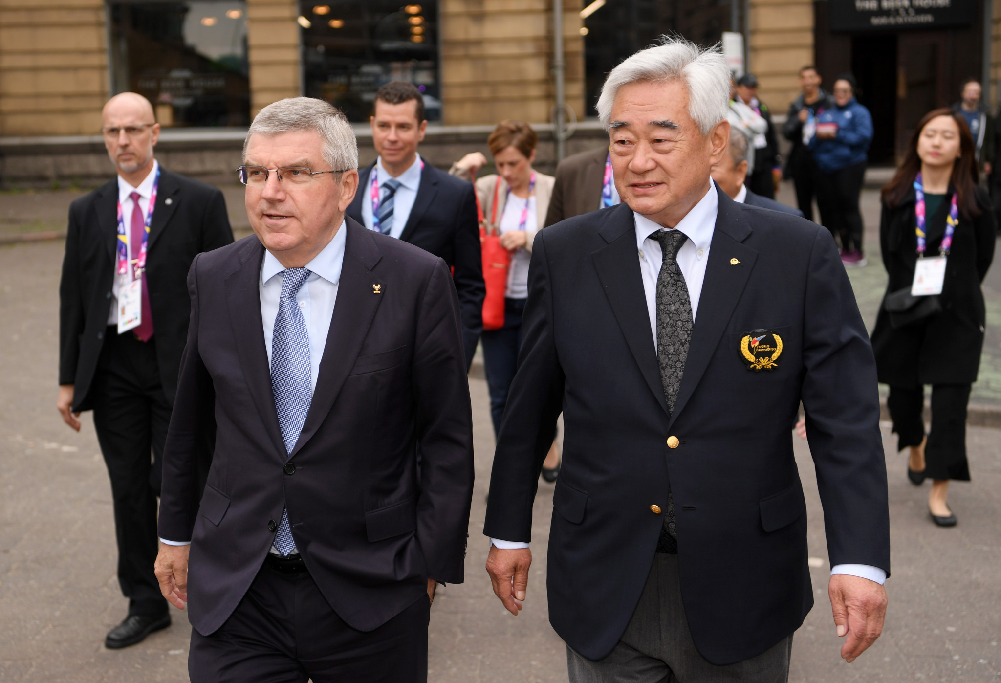 Chungwon Choue, right, seen with International Olympic Committee President Thomas Bach, has led World Taekwondo since 2004 ©Getty Images