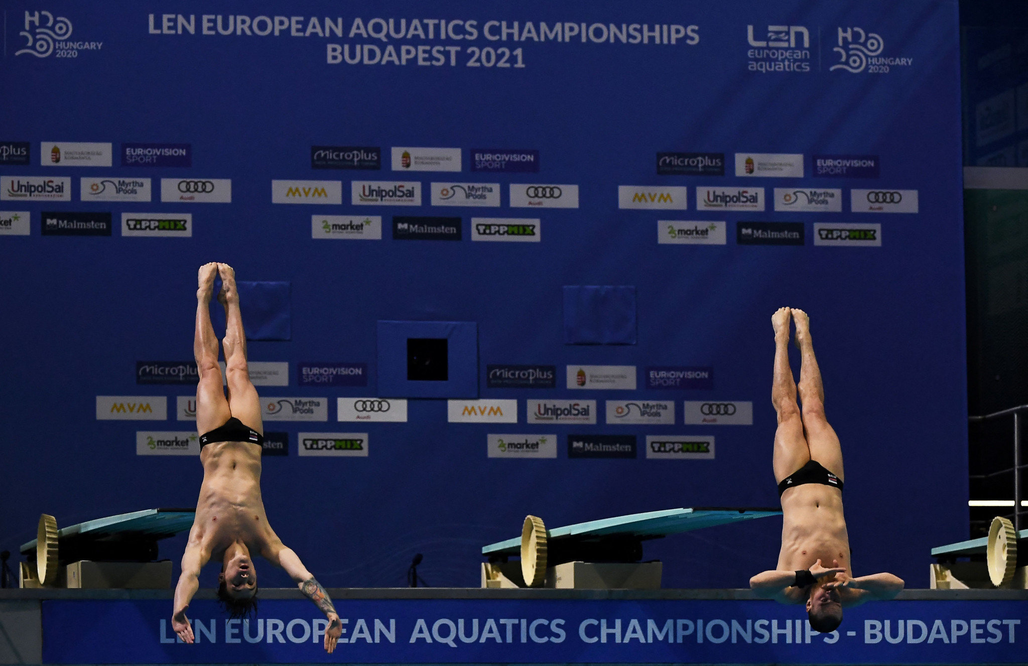 Russia claimed gold and silver in the men's 3m springboard, courtesy of Evgenii Kuznetsov, right, and Nikita Shleikher ©Getty Images