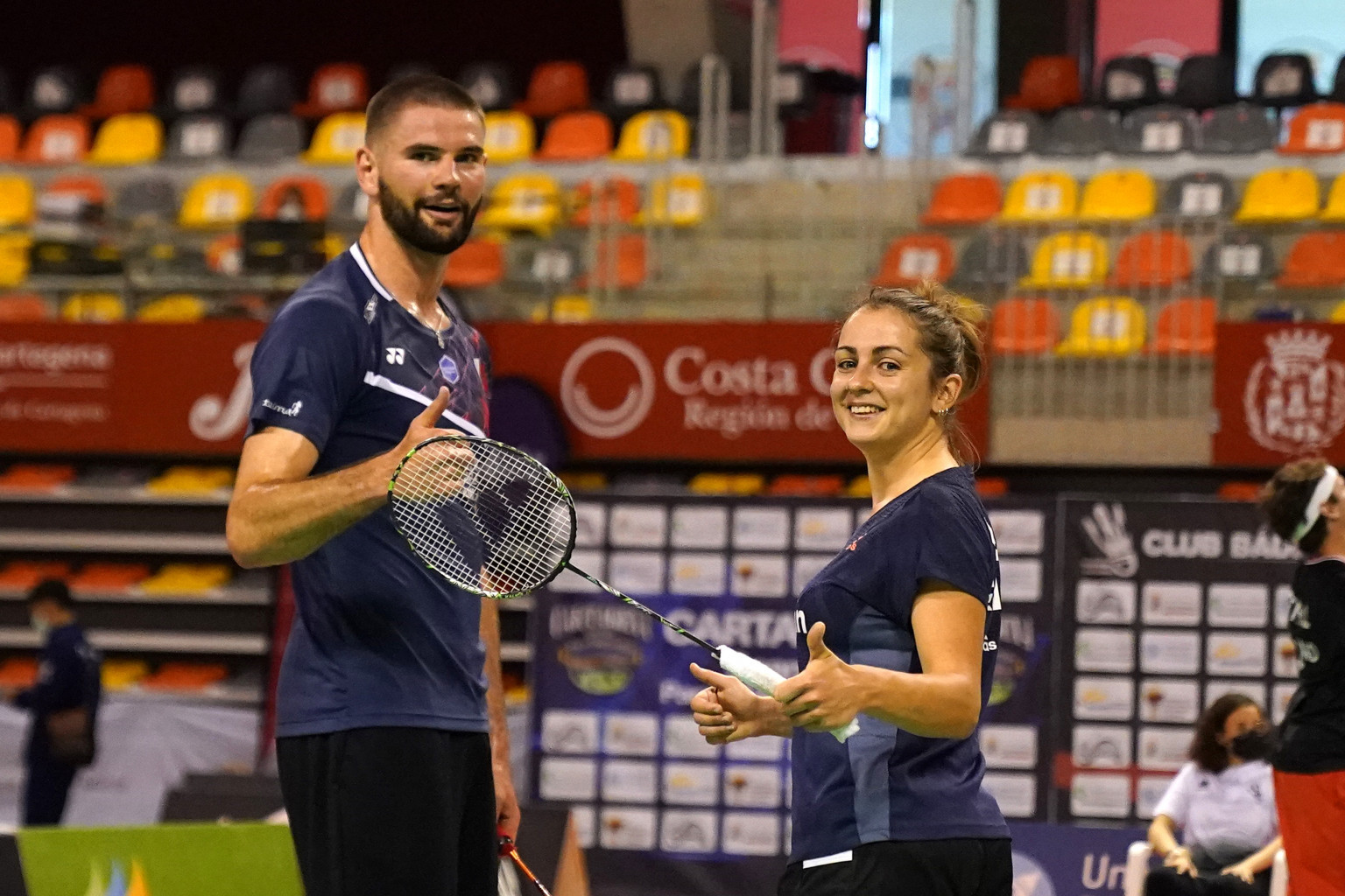 France's Lucas Mazur, left, pictured with Faustine Noel after winning the SL3-SU5 mixed doubles title, won three golds at the Spanish Para Badminton International ©Alan Spink/BWF