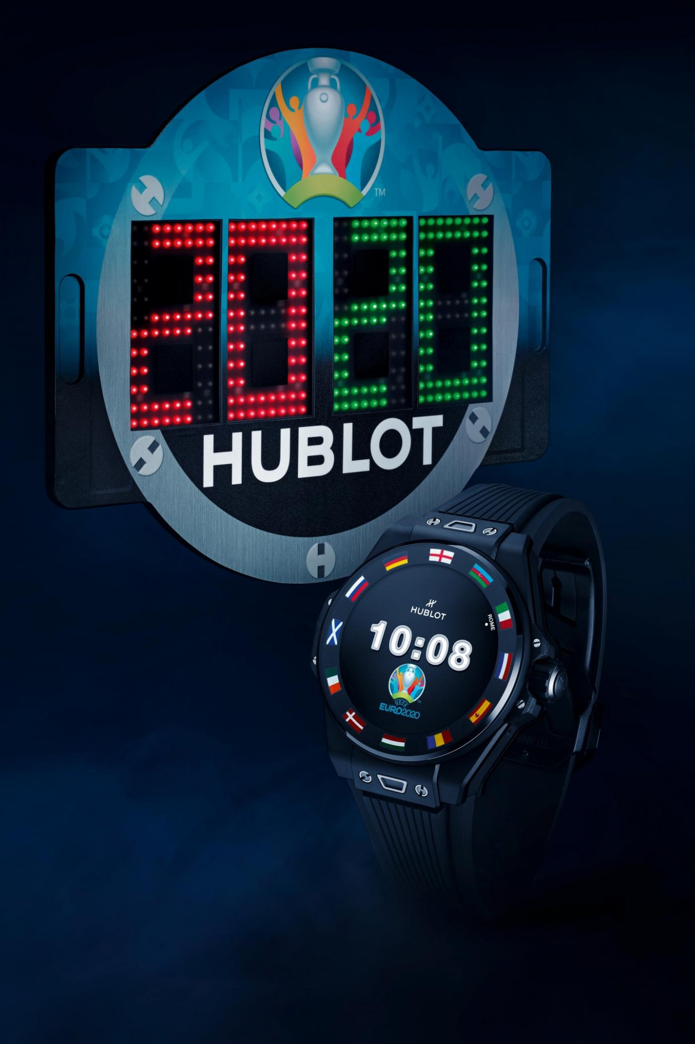 The watch features the flags of the 12 countries originally due to host matches during Euro 2020 - Ireland are no longer staging games ©Hublot