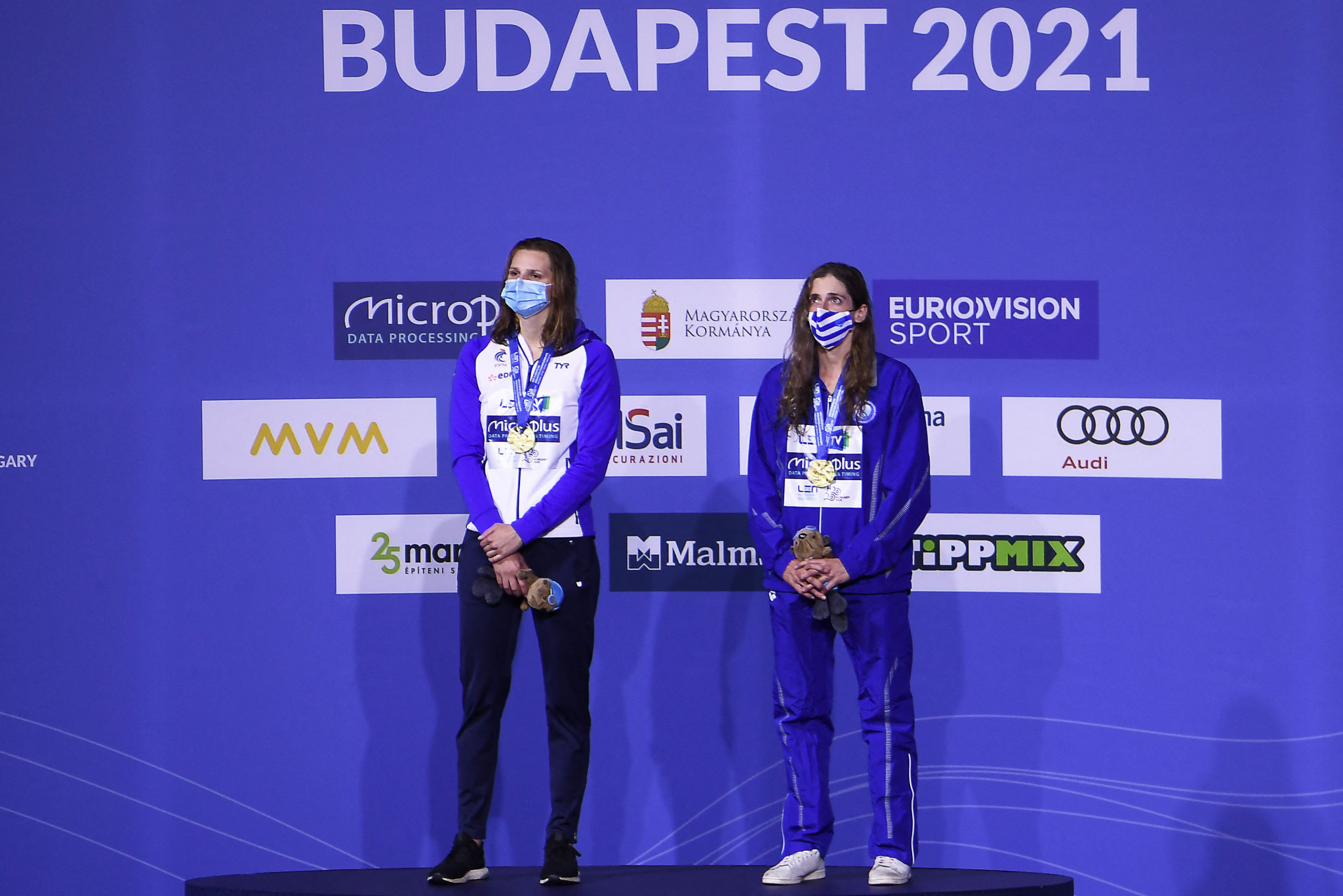 Marie Wattel, left, and Anna Ntountounaki tied for gold in the women's 100m butterfly at the European Aquatics Championships ©Getty Images