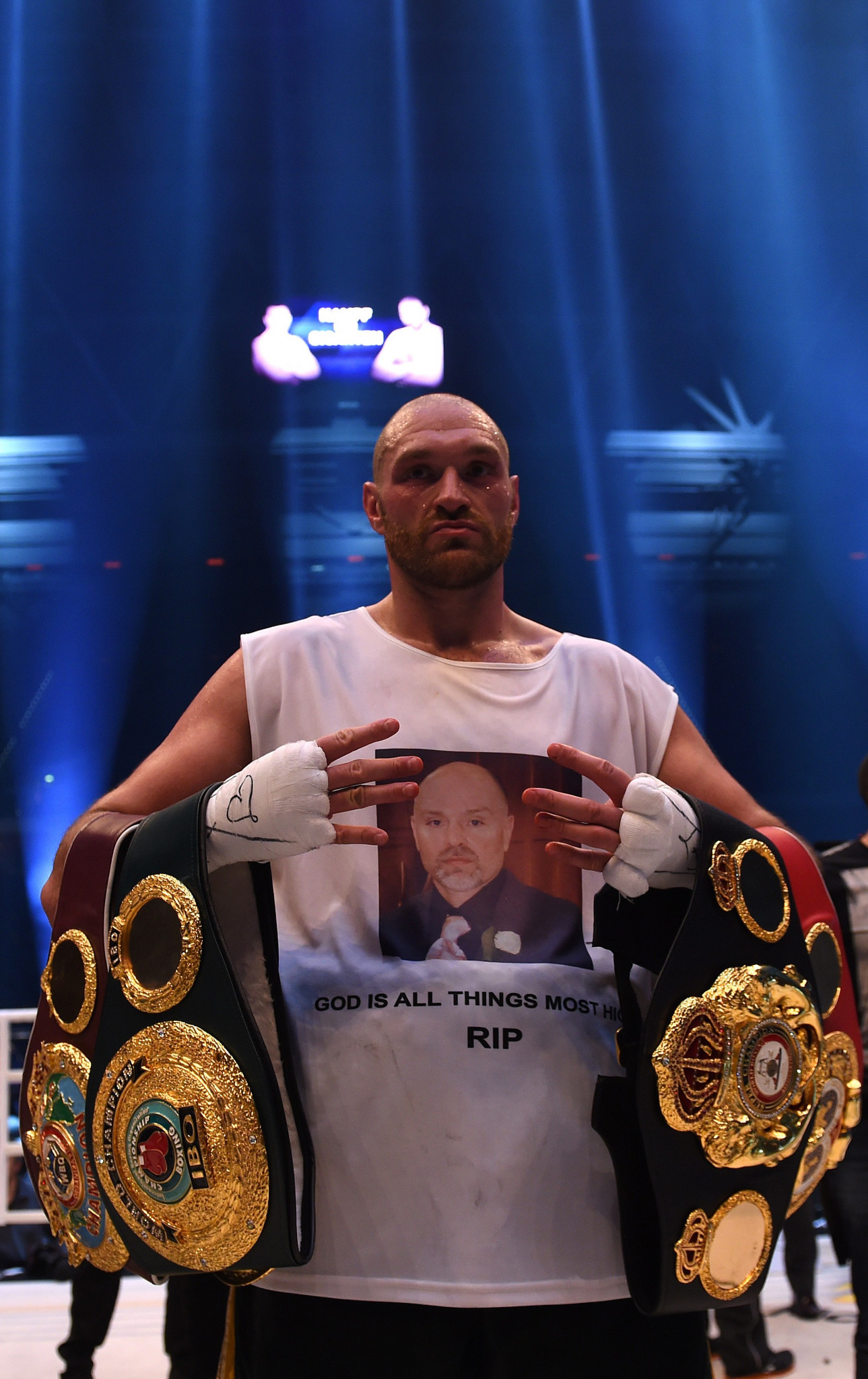 Tyson Fury celebrates winning the world heavyweight boxing title for the first time in 2015, but it later emerged he had tested positive for banned anabolic steroids before the fight ©Getty Images