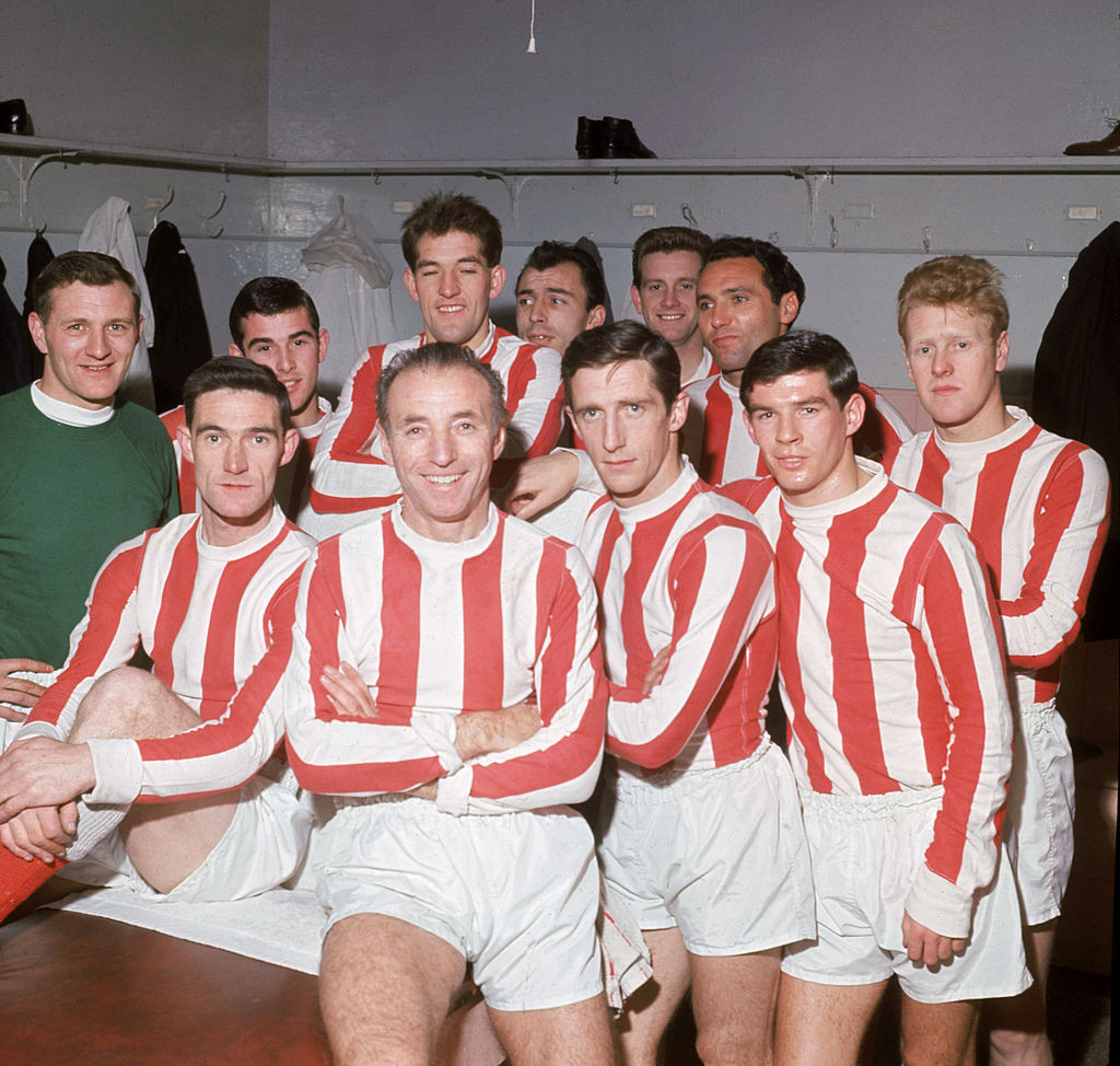 Sir Stanley Matthews, front second left, pictured on his 50th birthday with his Stoke City team mates, five days before playing his final top-class match in the English First Division against Fulham ©Getty Images