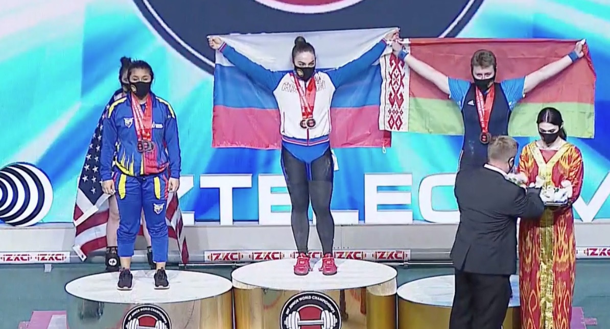 The podium for the women's 76kg at the IWF Junior World Championships, with Russia's Iana Sotieva at the top ©Brian Oliver