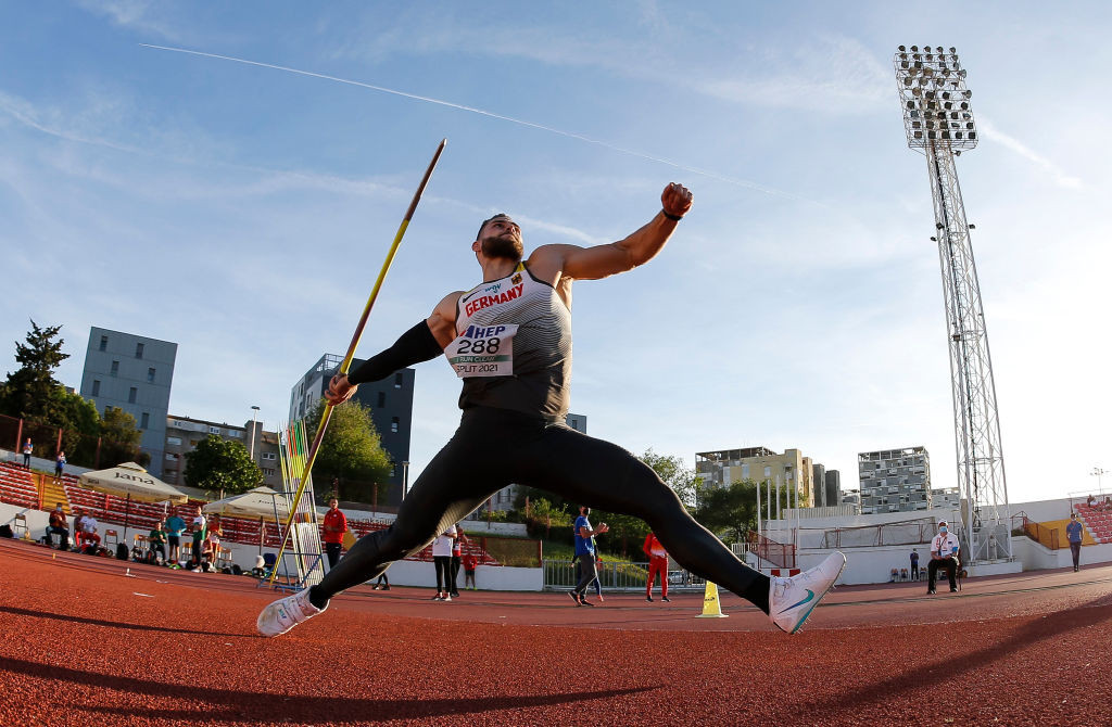 Germany's Johannes Vetter produced the third farthest javelin throw in history before retiring injured at the European Athletics Team Championships Super League in Silesia ©Getty Images
