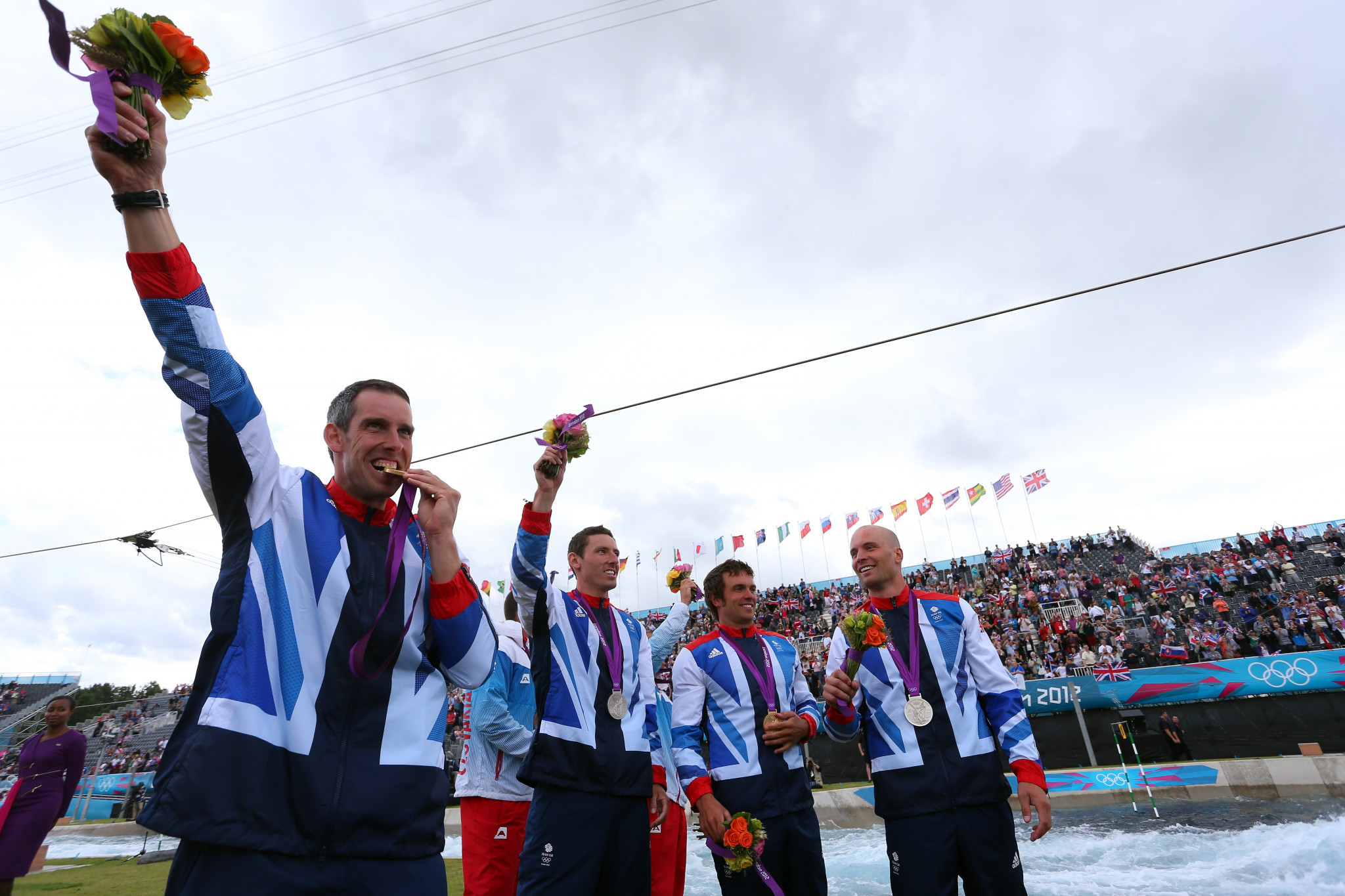 Britain celebrated gold and silver medals in the men's C2 competition at London 2012 ©Getty Images