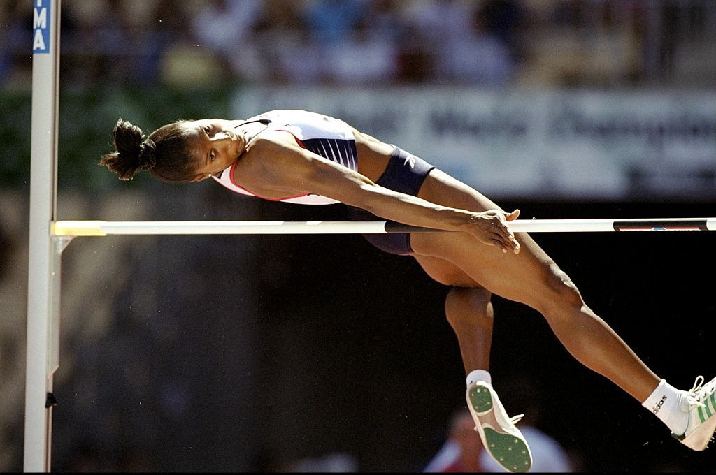 Britain's Denise Lewis en route to world heptathlon silver in 1999 at Seville, having cleared the vital British press hurdle before competition got underway ©Getty Images