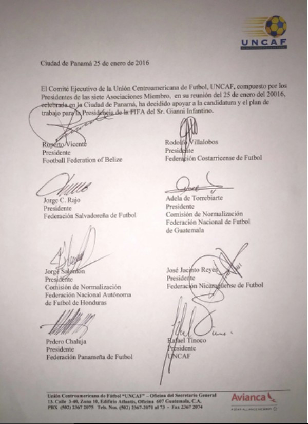 The letter of support signed by the seven federations ©UNCAF/Twitter