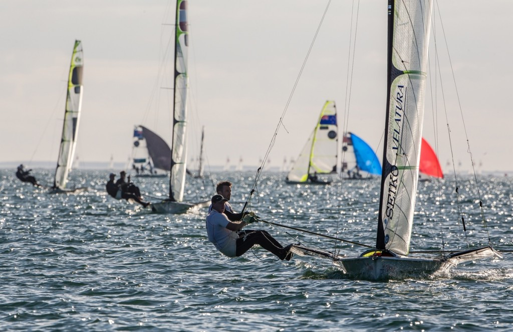 Denmark’s Jonas Warrer and Anders Thomsen won the opening race in the yellow 49er fleet, but were black flagged after the second