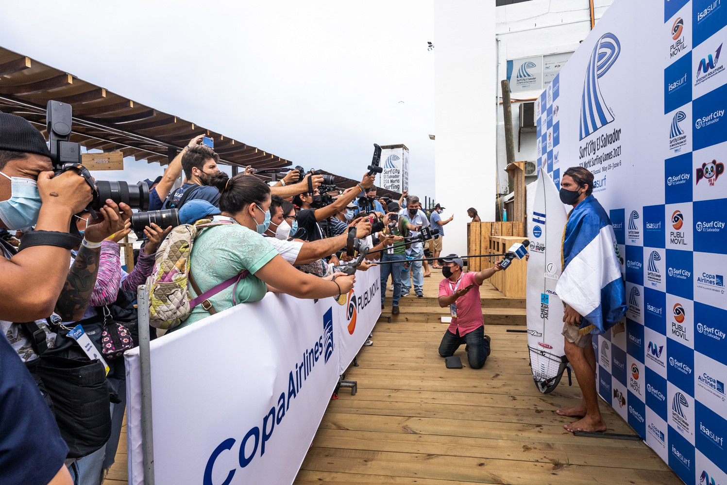 Bryan Perez of El Salvador speaks to the media after winning his repechage heat with 14.37 points ©ISA/Sean Evans