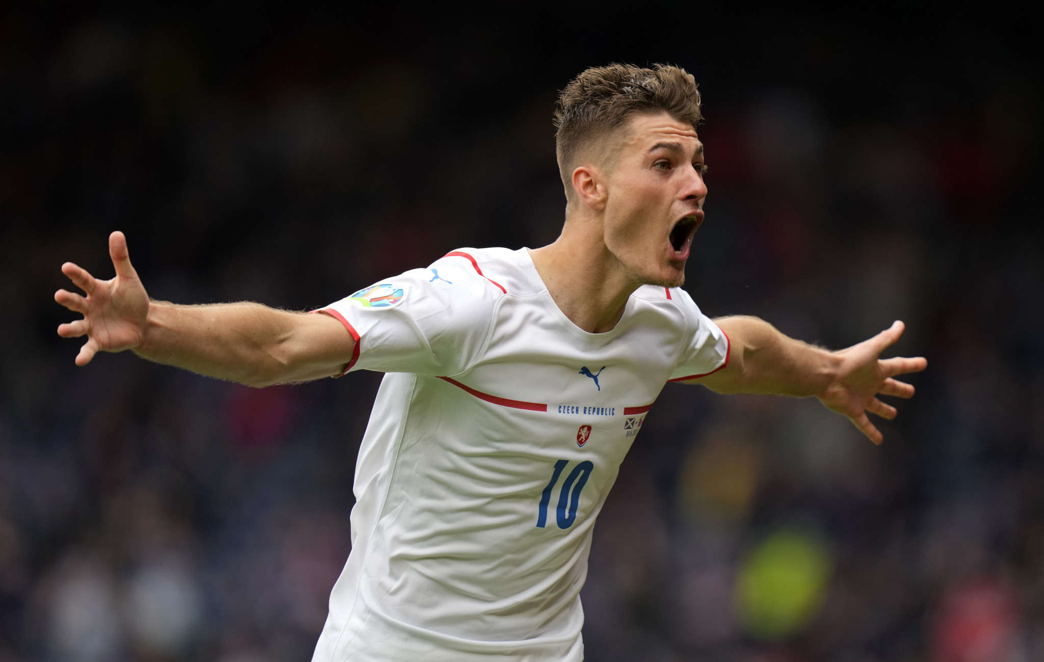Patrik Schick celebrates scoring his second goal in the Czech Republic's 2-0 victory over Scotland in Glasgow ©Getty Images
