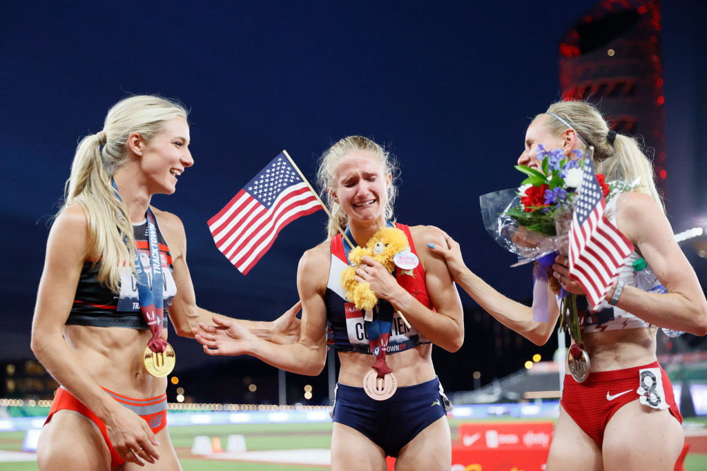 Emma Coburn, left, Val Constien and Courtney Frerichs celebrate earning 3,000m steeplechase Tokyo places at the US Olympic trials ©Getty Images