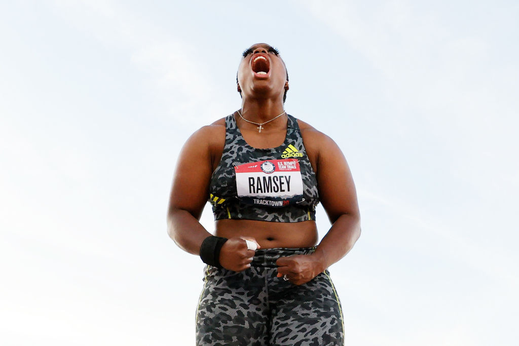 Jessica Ramsey reacts at the US Olympic trials after adding almost a metre to her personal best to win the women's shot put with 20.12 metres ©Getty Images