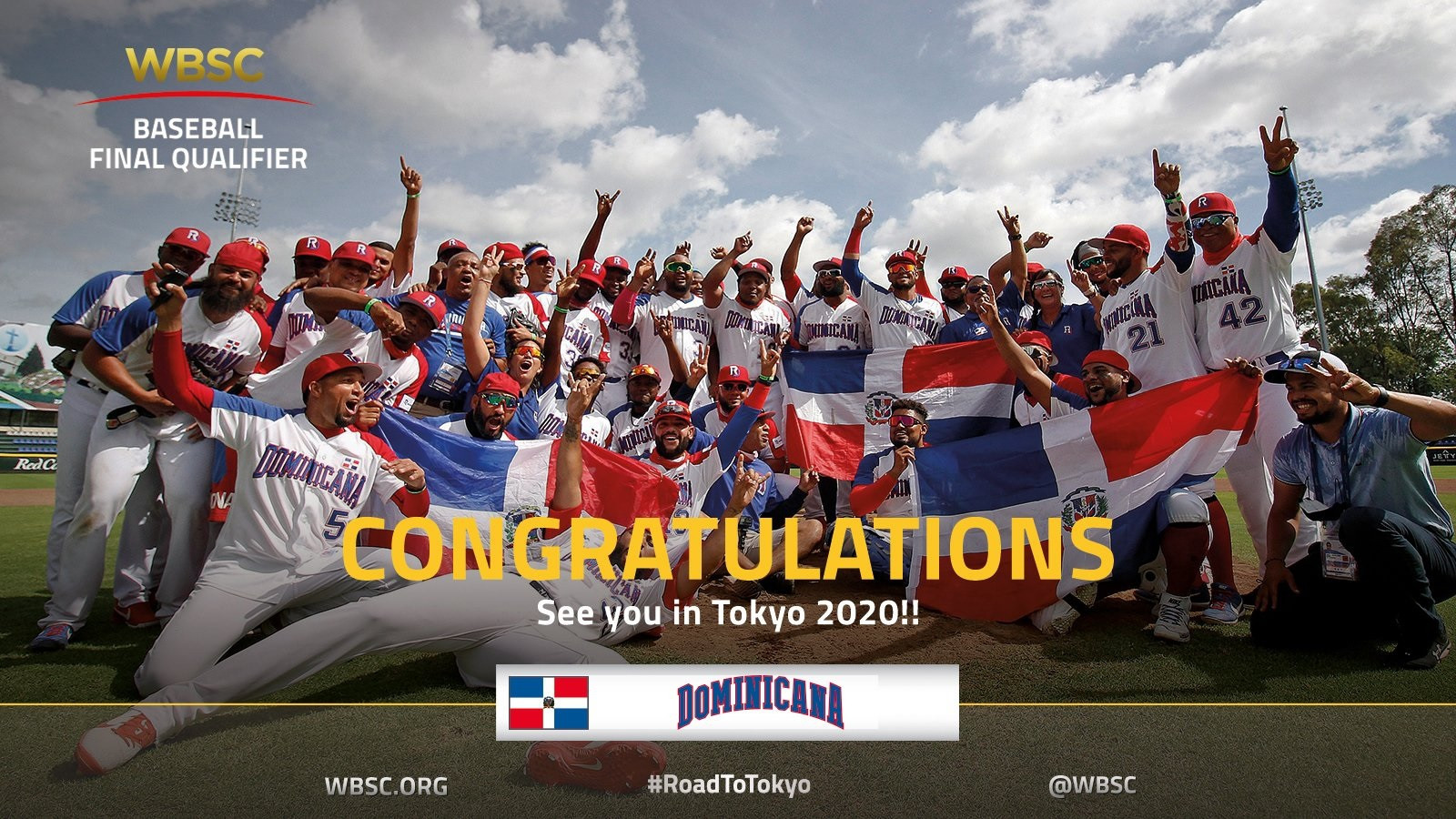 The Dominican Republic's baseball players celebrate after securing their place at the Tokyo 2020 Olympics ©WBSC