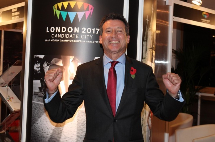 Sebastian Coe celebrates in November 2011 after London beat Doha to be awarded the 2017 IAAF World Championships ©Getty Images
