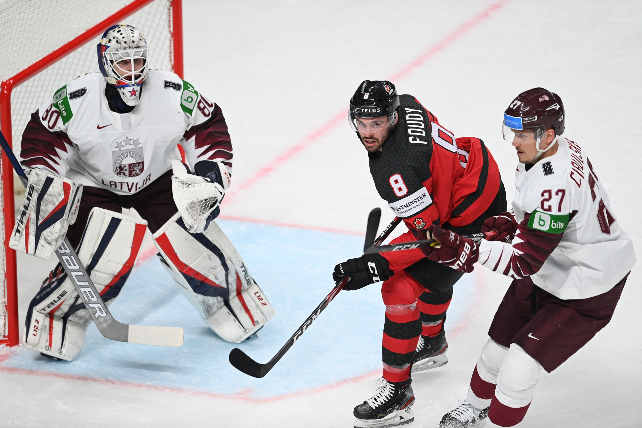 Matiss Kivlenieks, left, was man of the match when Latvia beat Canada for the first time ever earlier this year ©Getty Images