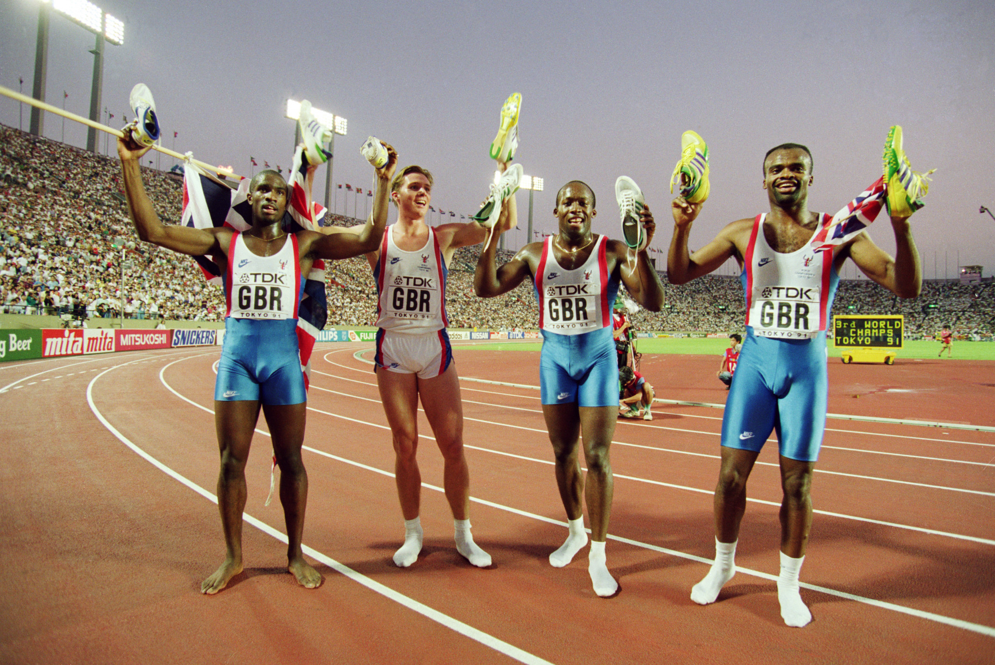 Britain's men's 4x100m relay team ended the 1991 World Championships in style ©Getty Images