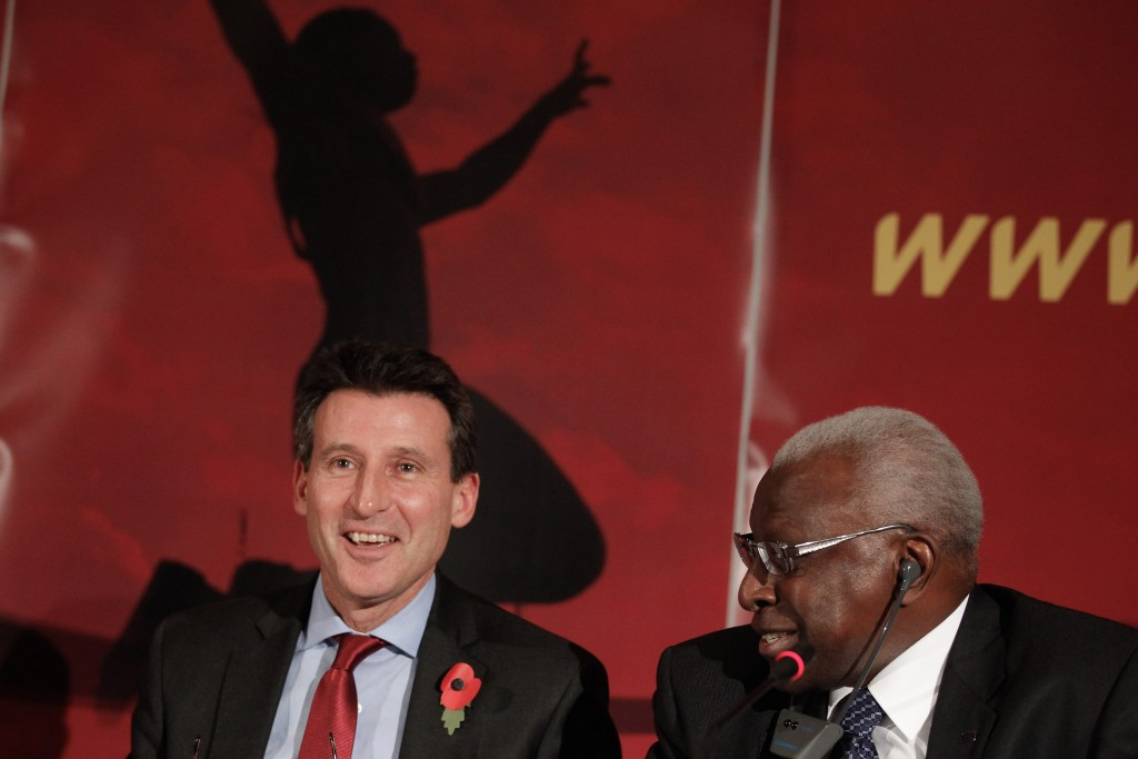 Sebastian Coe (left), pictured when London was awarded the World Championships in 2017, now faces a battle to recover the IAAF brand following the scandals to emerge under the tenure of his predecessor, Lamine Diack ©Getty Images