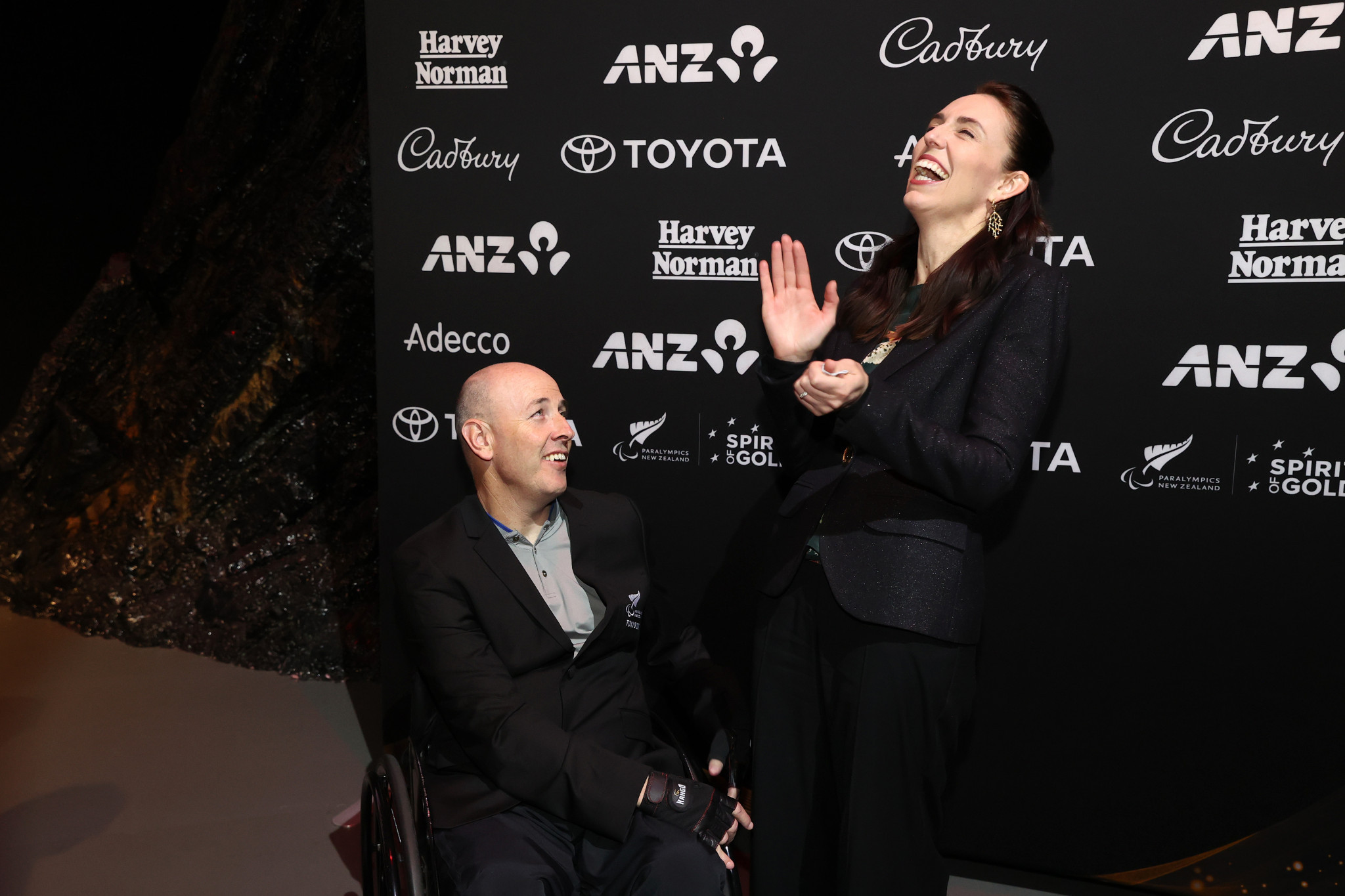New Zealand's Prime Minister Jacinda Ardern speaks to shooter Michael Johnson at the farewell event ©Getty Images