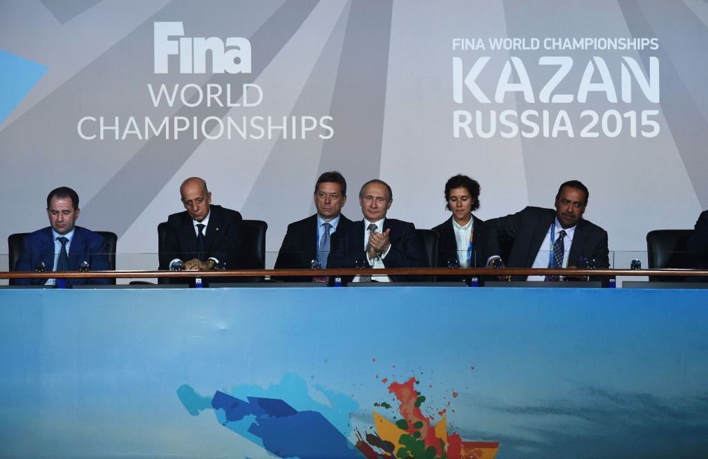FINA head Julio Maglione (second left), pictured alongside Russian President Vladimir Putin and Association of National Olympic Committees chief Sheikh Ahmad Al-Fahad Al-Sabah (right) at last year's World Championships in Kazan ©Getty Images