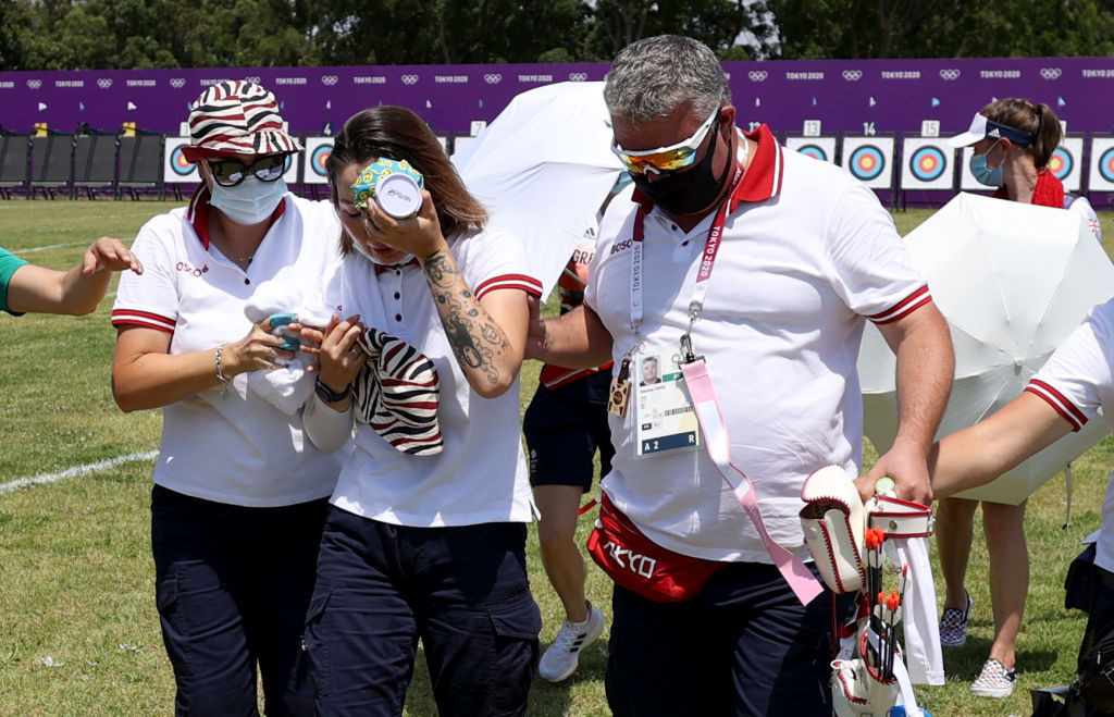 Russian archer Svetlana Gomboeva received treatment for heat exhaustion after collapsing during women's qualifying in Tokyo as temperatures rose to 33C ©Getty Images