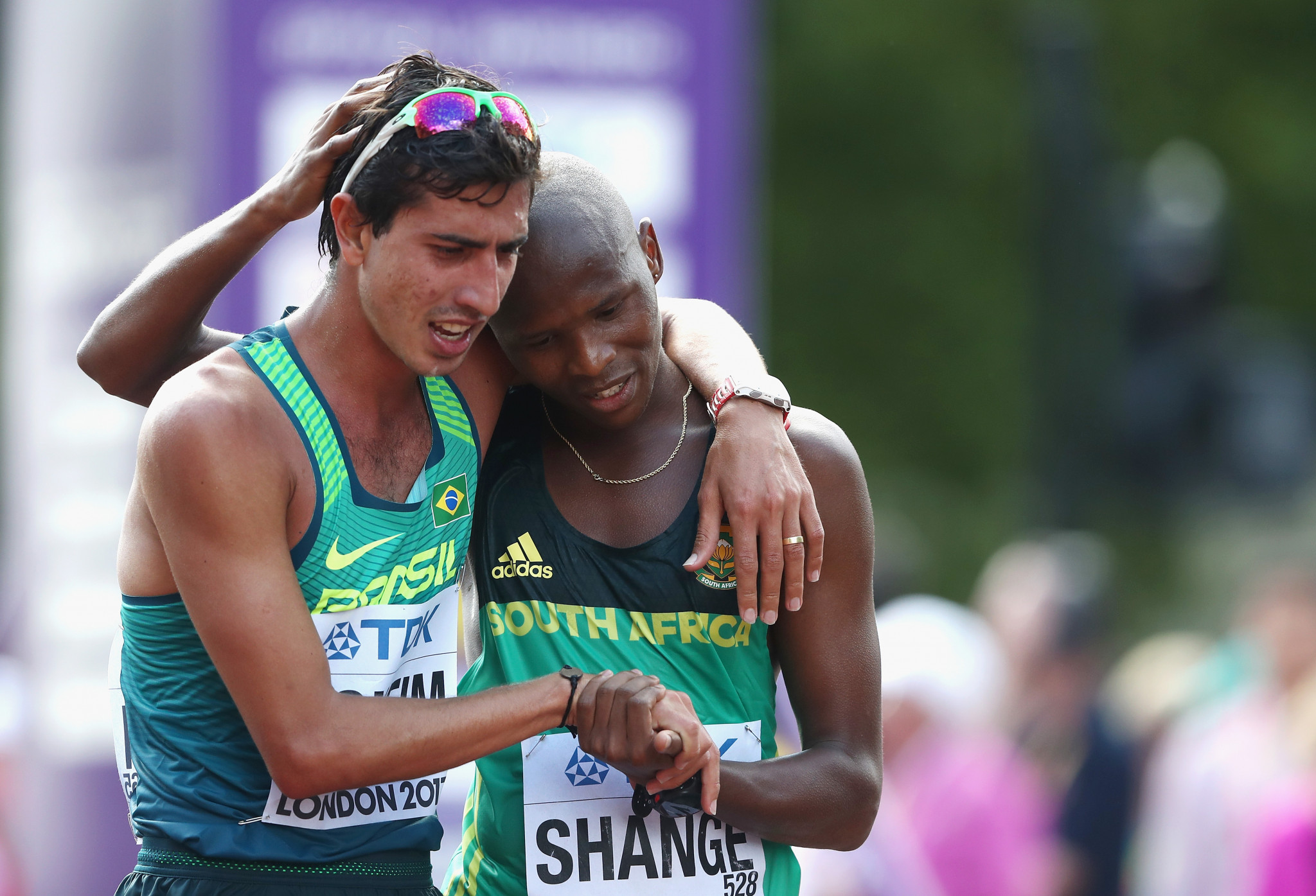 Lebogang Shange, right, broke the South African national record and finished fourth in the 20km race walk at the World Athletics  Championships in 2017 ©Getty Images