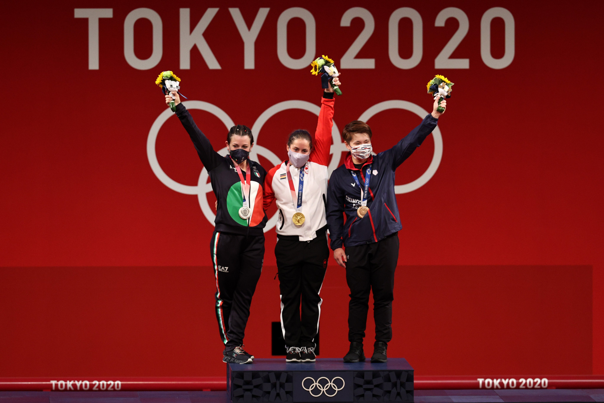 The podium for the women's 64kg category - from left Giorgia Bordignon, Maude Charron and Chen Wen-Huei ©Getty Images
