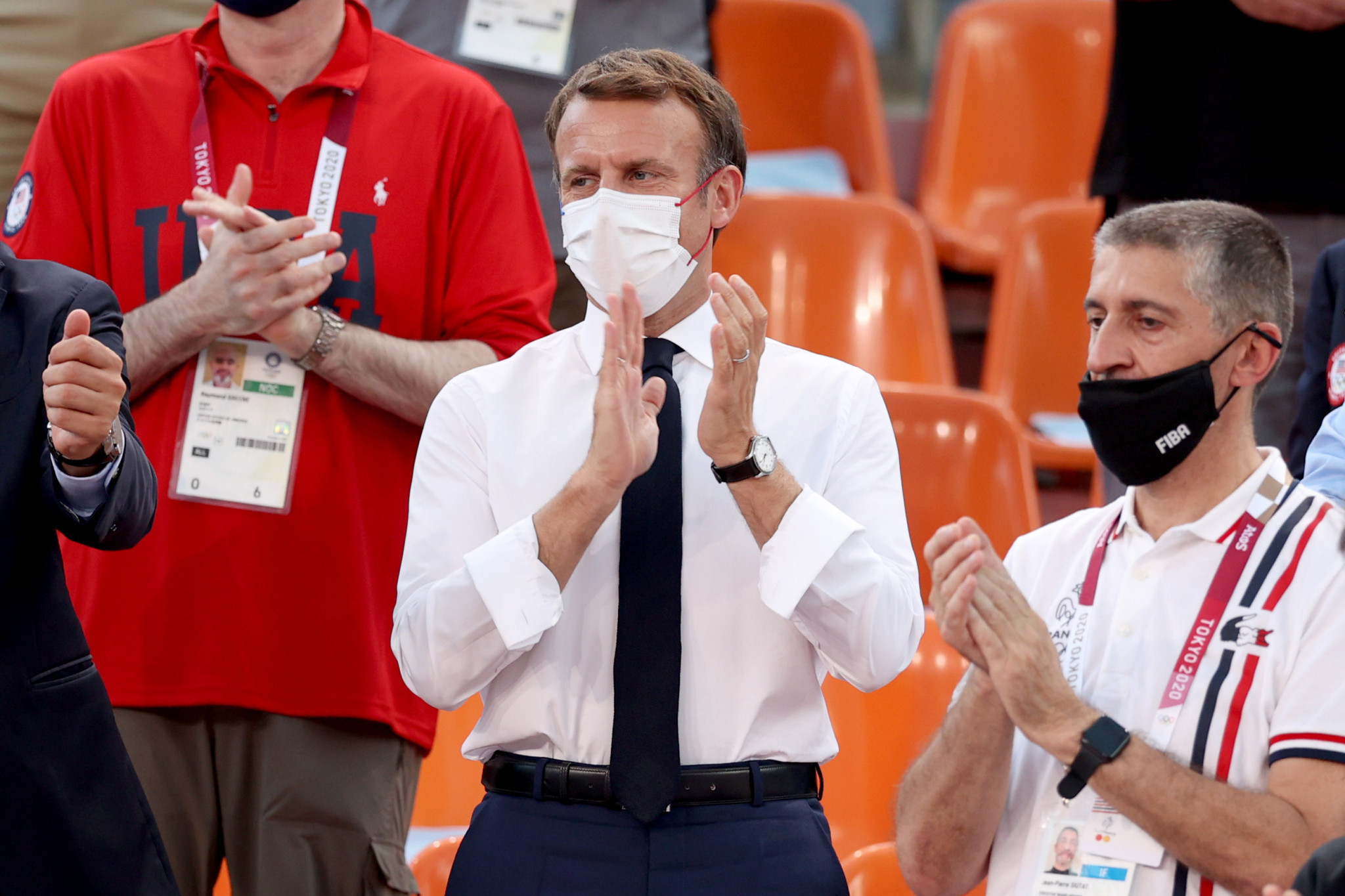 French President Emmanuel Macron, in attendance at Tokyo 2020, had promised line 16 of the Grand Paris Express would be ready in time for the Paris 2024 Games ©Getty Images