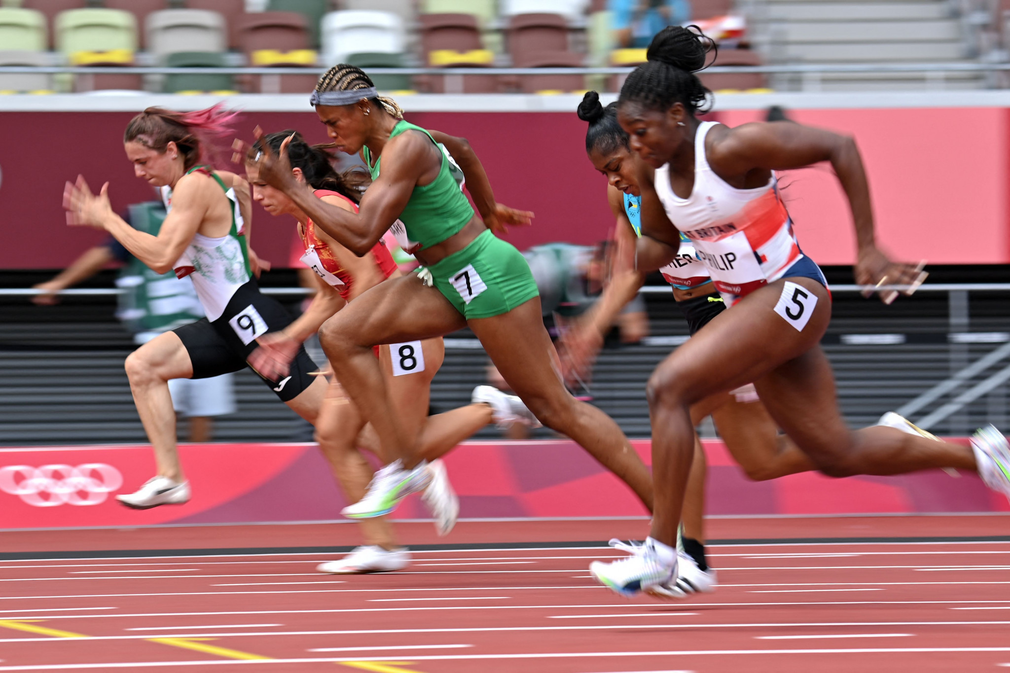 Krystsina Timanovskaya, far left, ran in the 100m heats ©Getty Images
