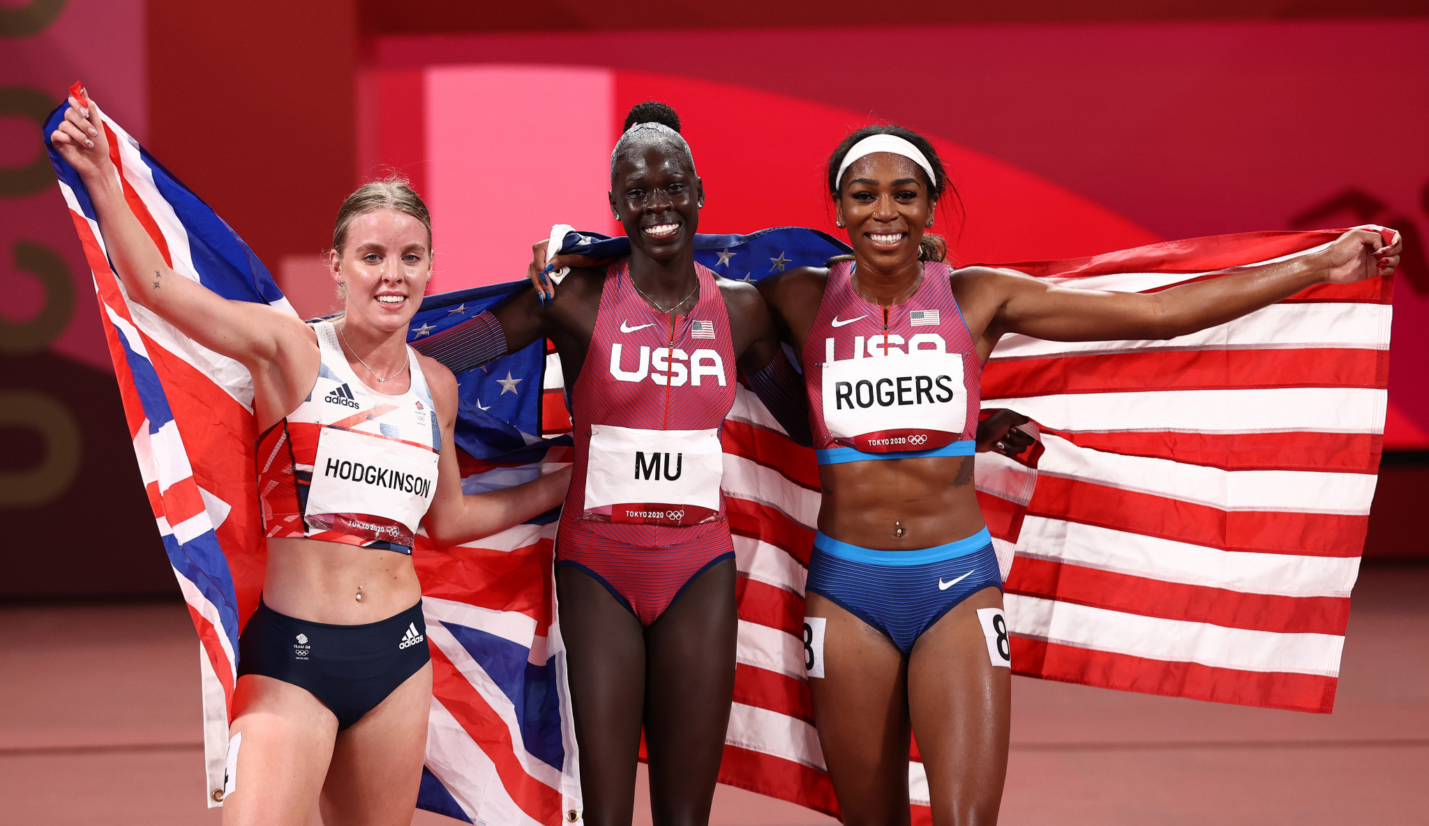 Keely Hodgkinson, left, Athing Mu, centre, and Raevyn Rogers finished second, first and third respectively in the women's 800m at Tokyo 2020 ©Getty Images