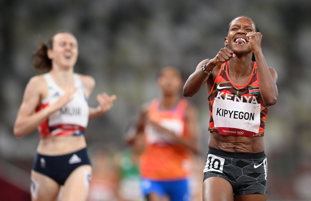 Faith Kipyegon of Kenya retains her Olympic 1500m title in an Olympic record of 3min 53.11sec ahead of Britain's Laura Muir and Sifan Hassan of The Netherlands ©Getty Images