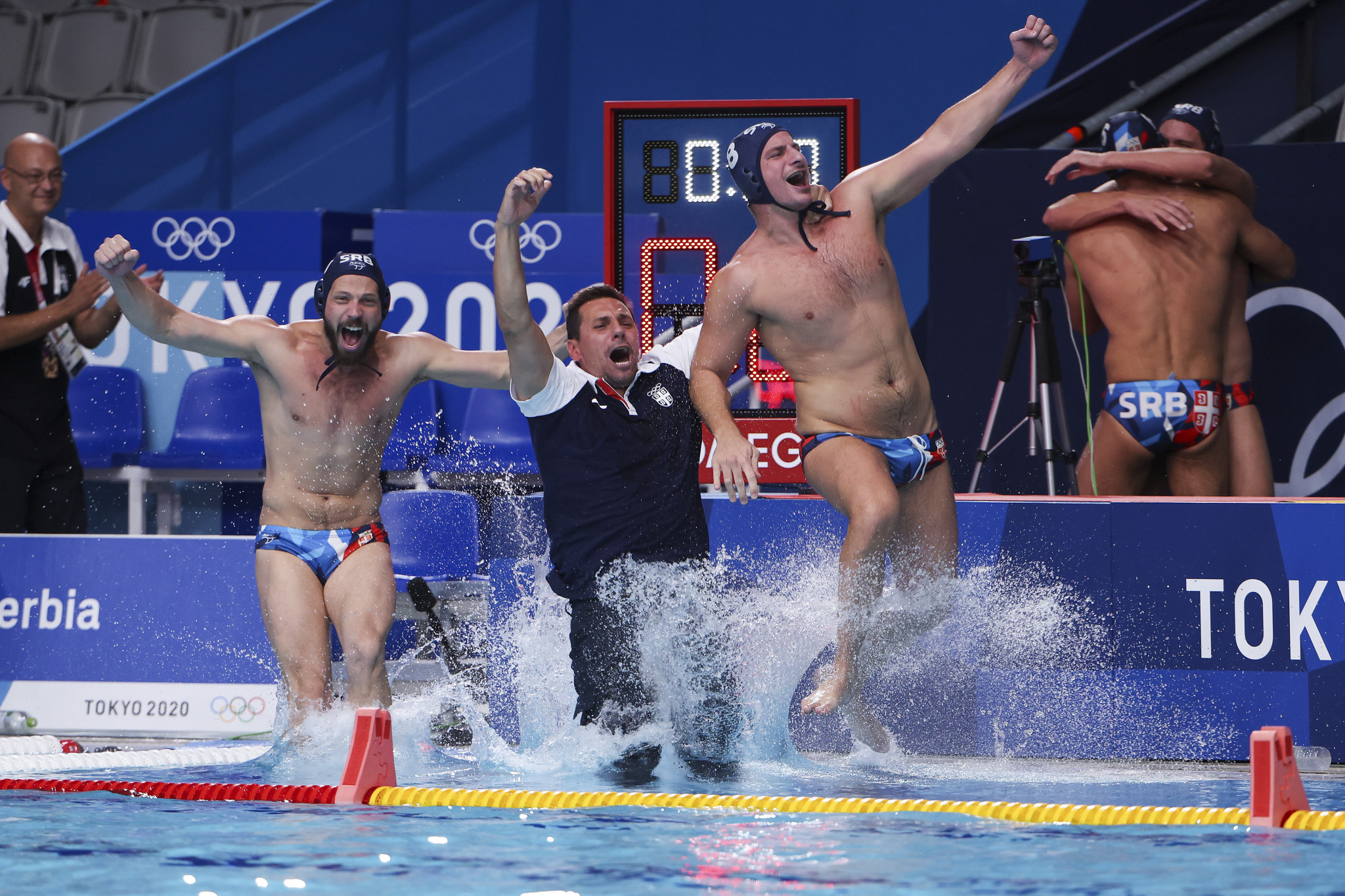 Serbia celebrate after defeating Greece to win the men's water polo final - the last sporting action to conclude at Tokyo 2020 ©Getty Images
