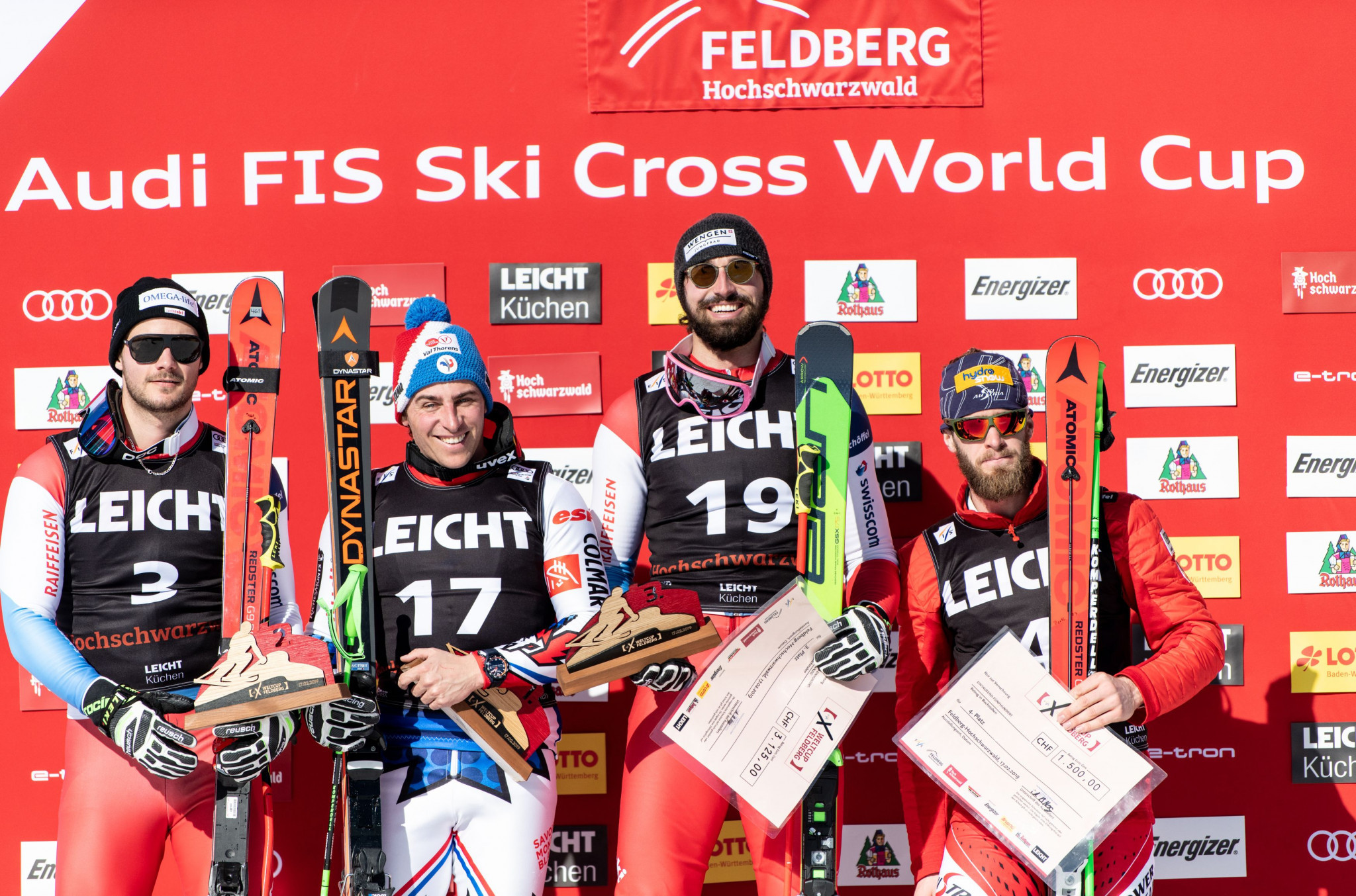 Jean-Frederic Chapuis from France, second from left, won the 2019 FIS Ski Cross World Cup ©Getty Images