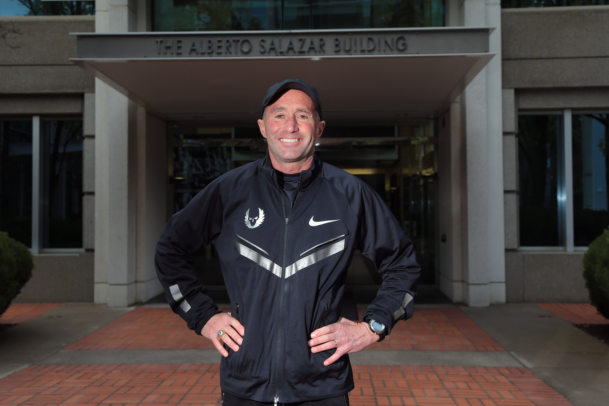 Alberto Salazar poses in front of the building that was named after him on the Nike campus in 2013 ©Getty Images